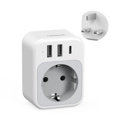 Image de TESSAN Adaptateur Prise Anglaise, 4 en 1 Type G avec USB C et 2 A, Anglaise Francais, Irlande 3250W, UK pour Malte Malaisie Vietnam Chypre