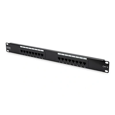 Image de DIGITUS Panneau de Brassage (Patch Panel) 19 Pouces Cat 6 16 Ports RJ45 Non blindé LSA Montage en Rack 1U Noir