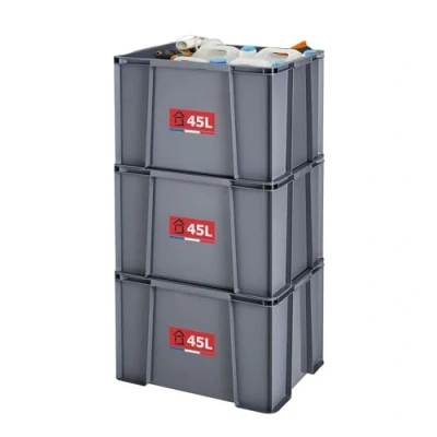 Image de SUNDIS Master Box, lot de 3 bacs rangement 45L en plastique recyclé, robustes et renforcés, parois droites, superposables combinables, idéals pour l’atelier, le bricolage ou transport