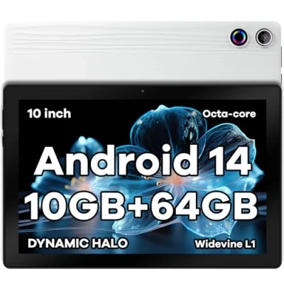 Image de Tablette 10 pouces Android 14 Octa Core Tablette, Widevine L1 Go + 64 1 To TF, WiFi 6 BT 5.3 Batterie 5000 mAh, Transmission OTG, Déverrouillage du visage, Prise casque Type C (Blanc)