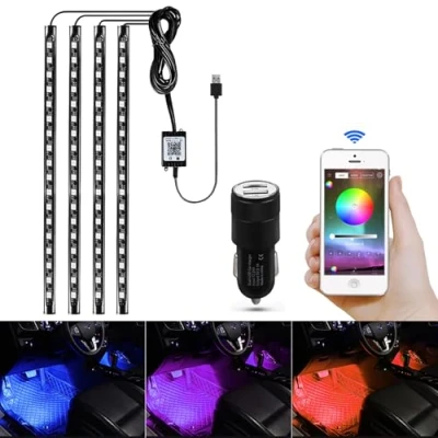 Image de Éclairage intérieur de voiture AIGUOZER 4 x 18 LED plancher Avec application d&#039;ambiance multicolore port USB et télécommande [Classe énergétique A+++]
