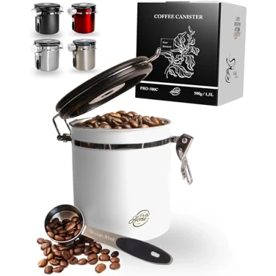 Image de Pro@Home43® Boîte à café hermétique 500g blanc récipient de conservation des grains 1,5L en acier inoxydable avec fonction calendrier, cuillère doseuse, livré dans un coffret cadeau