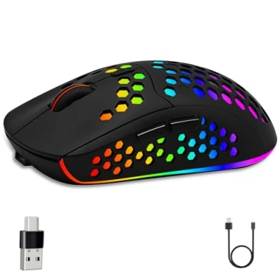 Image de iSTYLE Souris sans Fil,2.4G d’Ordinateur Légère Rechargeable Nid d’Abeille, Rétro éclairage RVB, Jusqu’à 3200 DPI,Récepteur USB, de Jeu pour Ordinateur Portable/Mac/PC/Linux/iOS/Windows