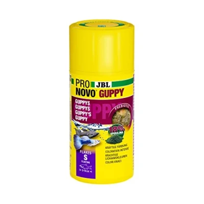 Image de JBL PRONOVO GUPPY FLAKES, Aliment de Base pour Guppys et autres Poissons Ovovivipares 3 10 cm, Flocons Poissons, taille S, 100 ml