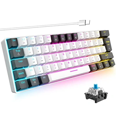 Image de ZIYOU LANG 60% Clavier Mecanique Gaming Rétro Éclairage RVB LED Commutateur Bleu USB à Type C Filaire Mini Compact Ergonomique Anti Ghosting pour Windows Mac PC PS4 Xbox Gamer Voyage(Blanc &amp; Noir)