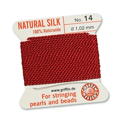 Image de GRIFFIN Fil de cordon perles 100 % soie naturelle Rouge grenat 2 mètres avec une aiguille Taille 1,02 mm