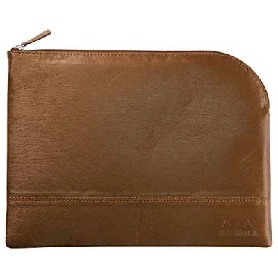 Image de RHODIA 116719C Pochette Zippée en Simili Cuir Bronze Taille L (21 x 28 cm) Coutures Véritables Intérieur Tissu Orange Rangement Documents, Petites Fournitures