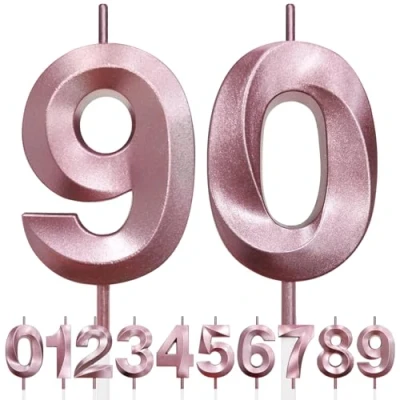 Image de 90th Bougie D&#039;anniversaire à Paillettes Or Rose au Design 3D, Bougies Numérotées pour 90e, Décorations de Dessus Gâteau, Gâteau Fête D&#039;anniversaire, Anniversaire Mariage