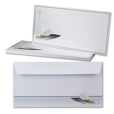 Image de Lot de 25 cartes condoléances Avec enveloppe Format DIN long Motif : fleur deuil Sans fenêtre Carte sobres