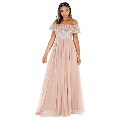 Image de Maya Deluxe Femme Soirée Maxi, Longue À Encolure Bardot, Demoiselles Ornée Sequins Robe De D&#039;honneur, Blush Taupe, 38 EU