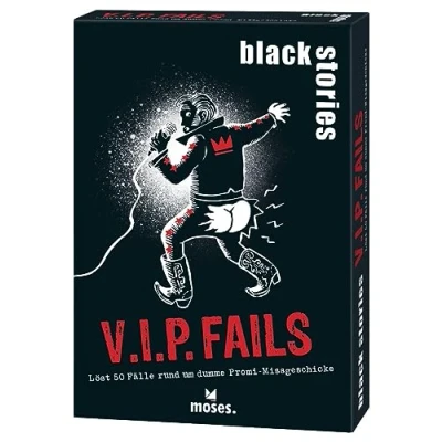Image de moses. Black Stories V.I.P. Fails 50 énigmes avec des Cas de maladresses célébrités stupides, Jeu Cartes Crime Variante et jetons Points, d&#039;énigmes pour Adolescents
