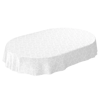 Image de Anro Nappe en Toile cirée lavable Motif floral uni Blanc, cirée, Bord de coupe, Oval 140x180cm