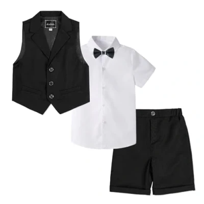 Image de Ensemble de Costume pour Enfants 4 pièces, Mariage d&#039;été garçons, Chemise à Manches Courtes, nœud Papillon, Gilet, Short, Noir, 110