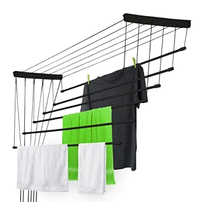 Image de KADAX Etendoir a Linge au Plafond avec Tiges en Acier, Pratique Systeme de Sechage Suspended pour Maximiser l&#039;espace Interieur (Noir, 6 x 120 cm)