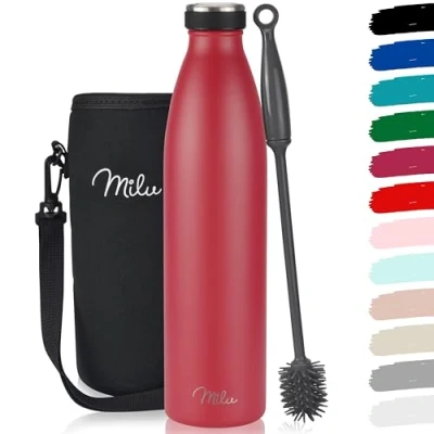 Image de Milu Gourde en acier inoxydable 350 ml 500 ml, 750 1000 1,5 l bouteille isotherme, d&#039;eau isolée, double paroi anti fuite, convient aux acides carboniques (Rouge, 750ml)