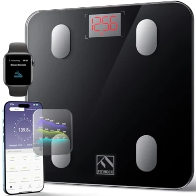 Image de Pèse Personne Impédancemètre, FITINDEX Balance Connecté, Bluetooth Salle de Bains Impedancemetre avec 13 Données Corporelles (BMI/Muscle/Graisse Corporelle/Masse Osseuse), Noir