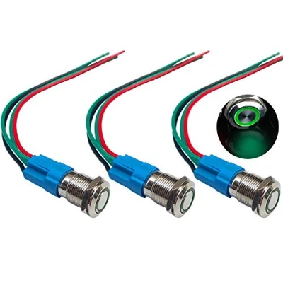 Image de QitinDasen 3Pcs Premium 12V / 24V 3A Interrupteur à Bouton Poussoir Momentané, Commutateur 12mm, Vert LED Etanche IP66 avec Fil de Prise Courant