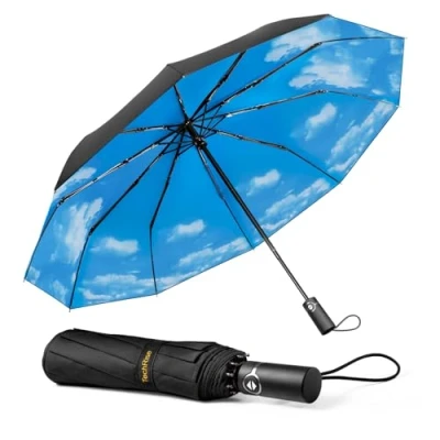 Image de TechRise Parapluie Pliable, Automatique Compact Coupe vent avec 10 Baleines, Ouverture et Fermeture Automatiques à un Seul Bouton, de Voyage Portable pour Hommes Femmes, Ciel
