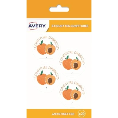 Image de AVERY 20 Étiquettes Rondes Satinés Confitures d&#039;Abricot Inscriptibles Adhésif Sans Solvant pour Usage Alimentaire Format Ø 47 mm