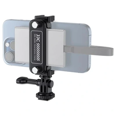 Image de JJC Support SSD Portable pour Smartphone avec Pince iPhone 16 Pro et Max Galaxy Pixel Mate 55 90 mm de Large, Compatible Samsung T5, T7, T7 Shield SSD, San Disk E30, Extreme Pro/V2