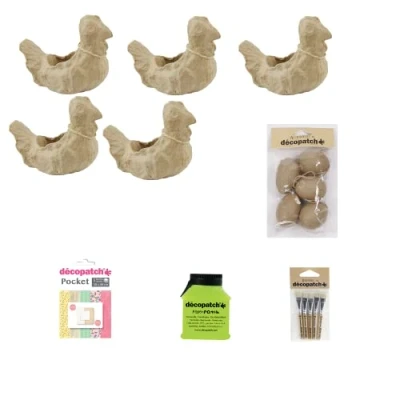Image de Decopatch AP127AMZC Un Lot Pâques Comprenant 5 Poules Oeufs à Suspendre 1 Vernis, Pack de pinceaux, Pochette Feuille