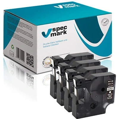 Image de specmark Lot de 4 rubans encreurs compatibles avec DYMO D1 43621 6 mm x 7 m Blanc sur noir Compatible pour imprimante LM Label Manager LP Point LW Writer DUO
