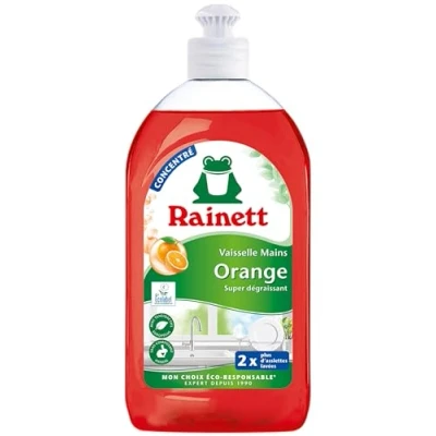 Image de RAINETT Liquide Vaisselle Mains à l&#039;Orange Formule Concentrée Super Dégraissante Testé Dermatologiquement Flacon Recyclé &amp; Recyclable Ecolabel Format Compact 500 ml
