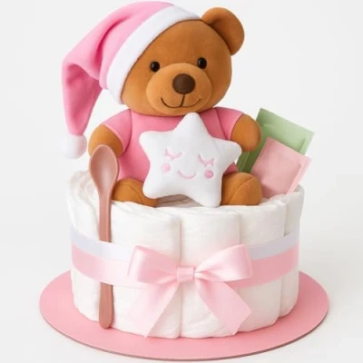 Image de Gâteau de couches pour fille Rose Fait à la main cadeau naissance et baptême bébé Avec doudou Carte félicitations Idée