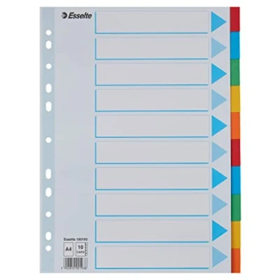 Image de ESSELTE Intercalaires pour Classeur A4, Lot de 10 Colorées avec Page Présentation, Fabriquées en Carton Recyclé Solide, Coloris Assortis (AZ100193)