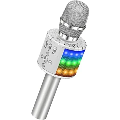 Image de BONAOK Microphone sans Fil, Karaoké Enfant Bluetooth Lecteur Enregistreur Portable, Lumières LED Coloré de Fête Familial pour Appareil Intelligent Android/iOS Argent