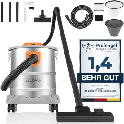Image de Zeegma ZONDER Pro Ash Aspirateur à Sec, Cendres et Gravats, Industriel 1600W, Récipient en Acier Inoxydable 20 L, Filtre HEPA, Fonction de Soufflage, Câble 5 m