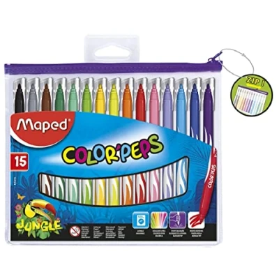 Image de Maped 15 Feutres Jungle Color’Peps Lavables et Résistants au Séchage Pointe Moyenne Bloquée Couleurs Vives Trousse zippée