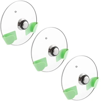 Image de InnovaGoods Set de 3 Supports Muraux Adhésifs pour Couvercles, Cuisine Organisée, Fixation Nano PU Gel, Polyvalent et Ajustable, Gris/Vert, Taille M, ABS