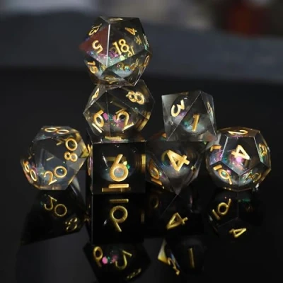 Image de Set de Dés DND Sables Mouvants Résine Polyédriques Sharp Edge Dice 7 pièces Faits à la Main pour Donjons D4 D6 D8 D10 D12 D20 D% et Dragons Ttrpg Pathfinder RPG Jeu Role avec Boîte Cadeau