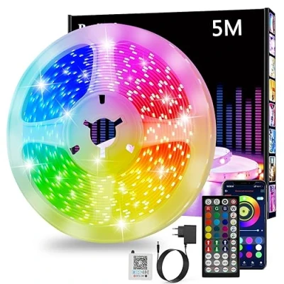 Image de Ruban LED 5m, Chambre, Contrôlé par APP Bluetooth ou Télécommande 44 Touches, Synchroniser avec Rythme de Musique, RGB Bande Lumineuse pour Maison Décoration