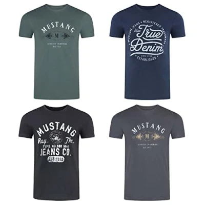 Image de MUSTANG Lot de 4 t shirts pour homme Imprimé sur le devant Col rond Manches courtes 100 % coton Noir, blanc, gris, bleu, vert Tailles S, M, L, XL, XXL, 3XL, 4XL, 5XL, 6XL, Mélange