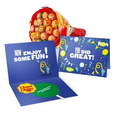Image de Bouquet de Sucettes Chupa Chups avec Carte Vœux Personnalisée 19 Chupas aux Goûts Variés dans un Bouqet Cadeau accompagné d&#039;une imprimée, Personnalisable Nom et Texte