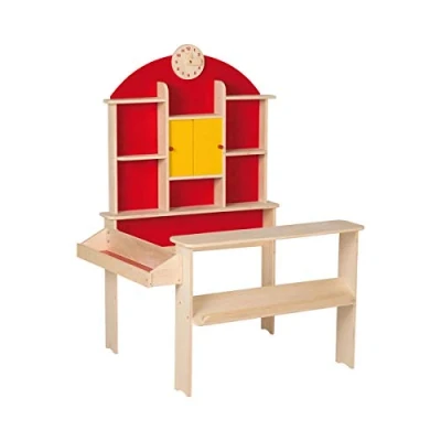 Image de roba Marchande Enfant en Bois Épicerie à Étagères et 2 Portes Coulissantes Stand de Vente avec Horloge Rouge/Jaune