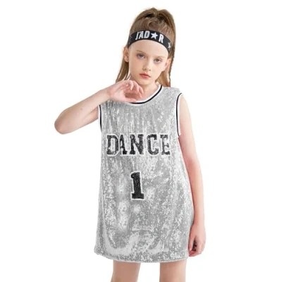 Image de LOLANTA Costume de Danse à Paillettes pour Filles, Vêtements Hip Hop Jazz, Robe sans Manches Débardeur, Argent, 5 6 Ans, 120