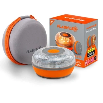 Image de FlashLED Lumière d&#039;urgence V16 homologuée DGT 3.0 avec étui, géolocalisation, application incluse, carte SIM et service de données gratuit jusqu&#039;en 2038, base aimantée