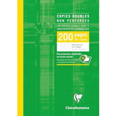 Image de Clairefontaine 57222C Un Étui de Copies Doubles non Perforées A4 21x29,7 cm 200 Pages Petits Carreaux avec Marge Papier Blanc 90 g Réutilisable