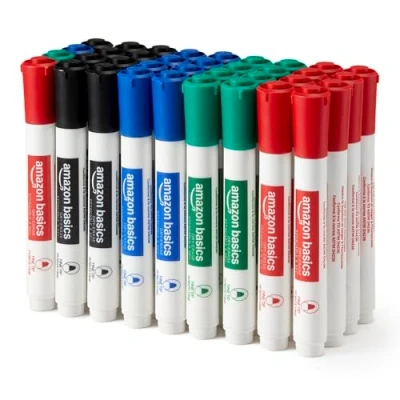 Image de Amazon Basics marqueurs effaçables à sec pour tableau blanc faible odeur, pointe fine, 4 couleurs assorties, Lot de 36