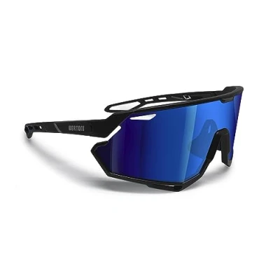 Image de Bertoni Lunettes de Cyclisme VTT Running Sport pour Hommes Femmes en TR90 Protection 100% UV Grand Verre Antibuée mod. ALPHA (Noir Mat/Noir Brillant Miroir Bleu)