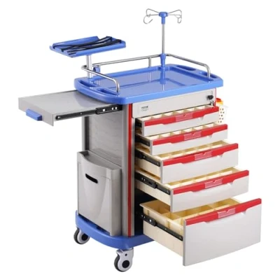 Image de VEVOR Chariot de Laboratoire à 5 Niveaux, Médical Mobile avec Tiroirs, Soins Matériau PP, 2 Poubelles et 4 Roues Silencieuses, pour Labo, Clinique, Hôpital, Salon, Bleu
