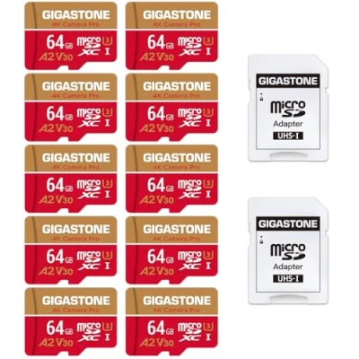 Image de Gigastone Carte Mémoire 64 Go Lot de 10 Cartes, 4K Caméra Pro, Compatible avec GoPro Switch, Vitesse 95 Mo/s. A2 U3 V30 Micro SDXC Adaptateur SD.