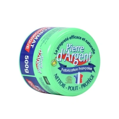 Image de Liseré Vert Nouvelle formule Pierre d&#039;Argent format économique 500g éponge incluse, nettoyant ménager certifié ECOCERT fabriqué en France