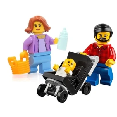 Image de Lego City Minifigures, ensemble Combo, maman, papa et bébé dans la poussette.