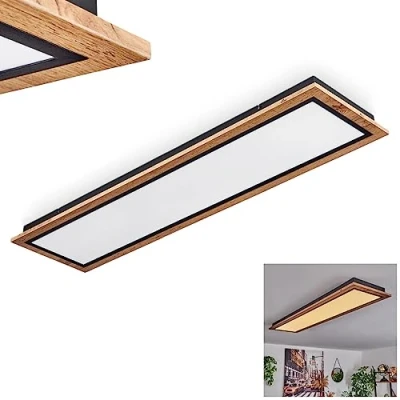 Image de plafonnier LED Salmi, en métal/MDF/plastique noir/imitation bois/marron/blanc, luminaire rectangulaire (120 cm x 30 cm), 4000 lumens, 3000 K, 36 watts