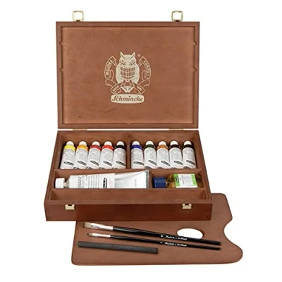 Image de Schmincke MUSSINI® couleurs extra fines à l&#039;huile et résine pour artistes, Coffret en bois, 10 x 35 ml, 70 213 097, bois teinté noyer, contient aussi blanc 150 fusain dessin, 2 pinceaux daVinci, etc.