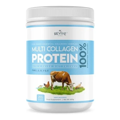 Image de Poudre de Protéines Multicollagène (400g) 5 Types Peptides Collagène d&#039;Origine Alimentaire Bovin Nourri à l&#039;Herbe Hydrolysée, Poisson Mer Sauvage &amp; Poulet en Liberté, Non Aromatisé